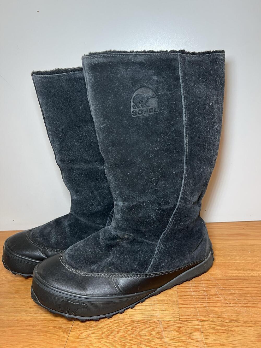 Sorel Boots Womens Size 10.5 Black Suede Mid Calf Pull On Winter Snow NL1609-010